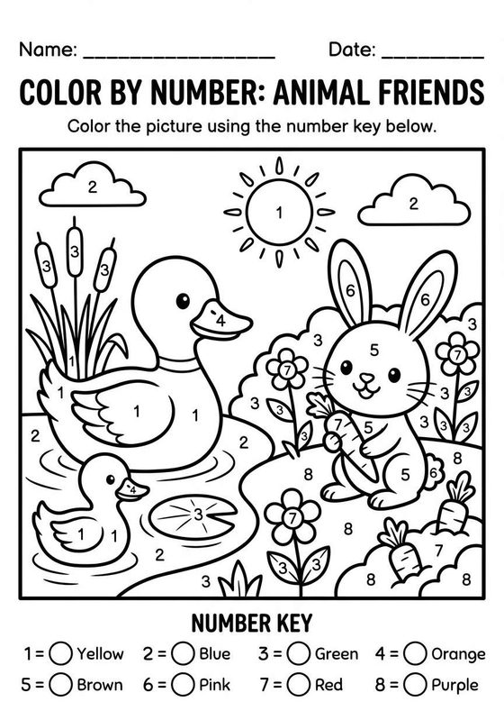 Color by Number: Animals printable worksheet preview